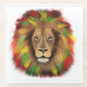 Rasta lion head red yellow green drawing Jamaica Glass Coaster