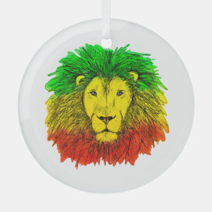 Rasta lion head red yellow green drawing Jamaica Glass Tree Decoration