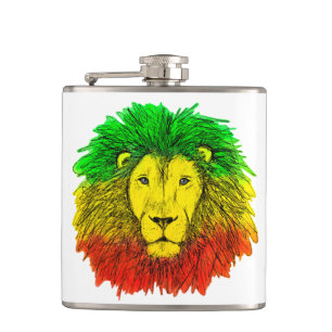 Rasta lion head red yellow green drawing Jamaica  Hip Flask