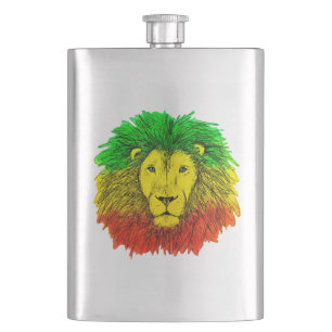 Rasta lion head red yellow green drawing Jamaica  Hip Flask