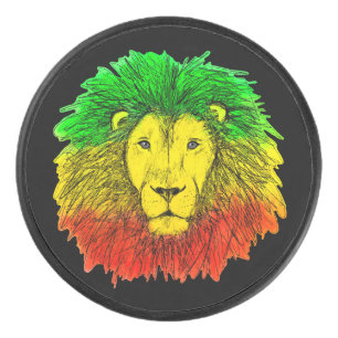 Rasta lion head red yellow green drawing Jamaica Hockey Puck