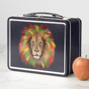 Rasta lion head red yellow green drawing Jamaica Metal Lunch Box