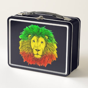 Rasta lion head red yellow green drawing Jamaica Metal Lunch Box