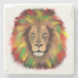 Rasta lion head red yellow green drawing Jamaica  Stone Coaster