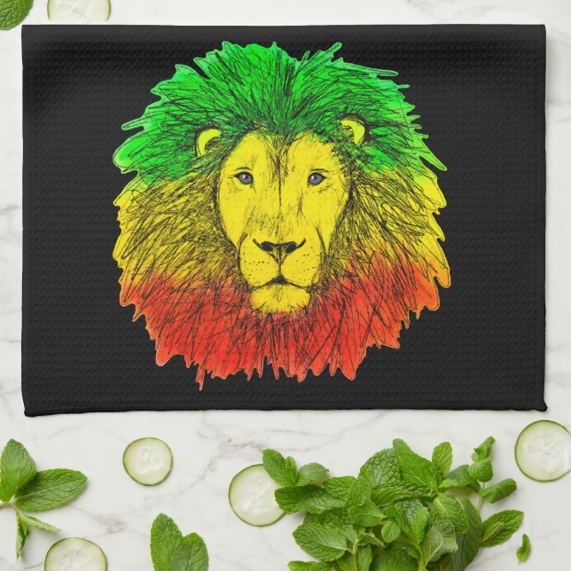 Rasta lion head red yellow green drawing Jamaica  Tea Towel (Folded)