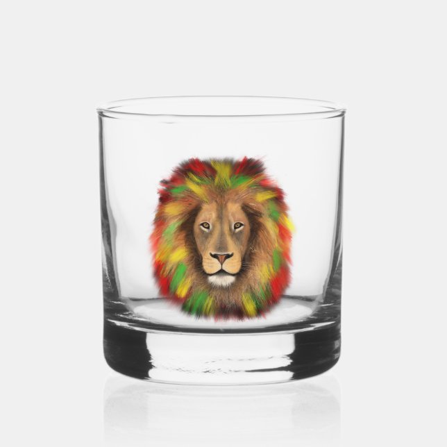Rasta lion head red yellow green drawing Jamaica  Whiskey Glass (Front)