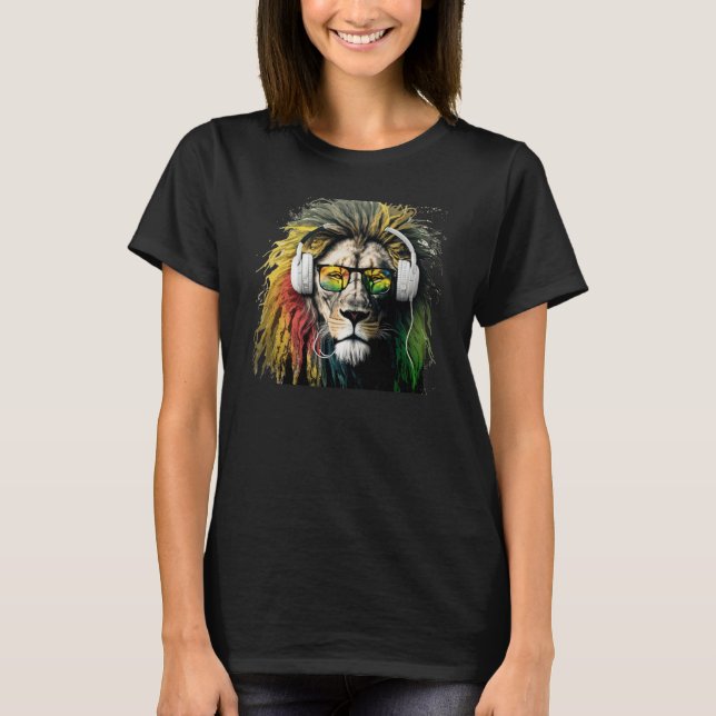 Rasta Lion Rastafari Reggae & Jamaica Vibes Headph T-Shirt (Front)