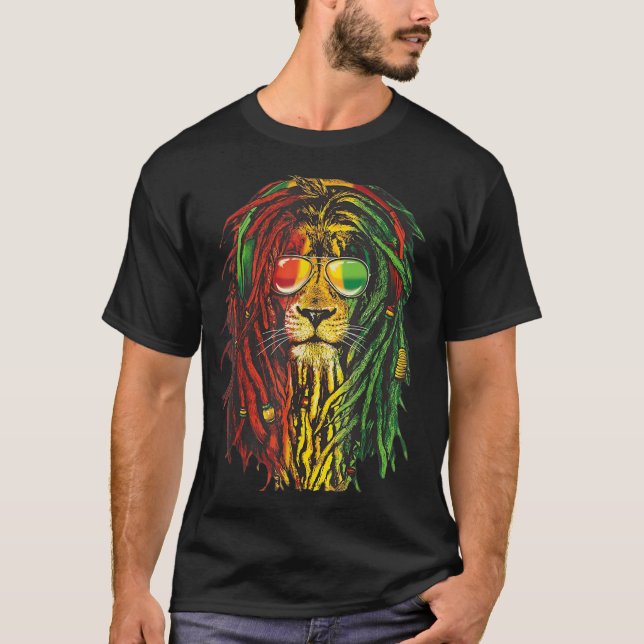 Rasta Reggae Lion Sunglass Art for Rastafarian Lov T-Shirt (Front)