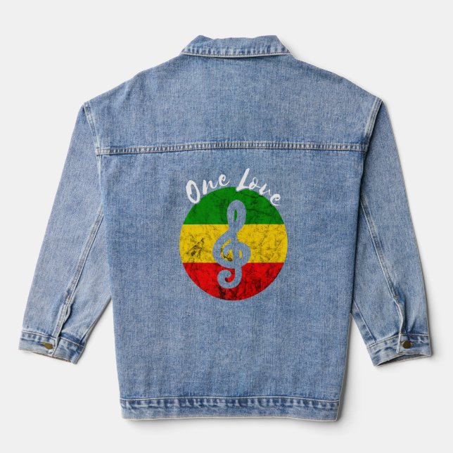 Rasta Reggae Rastafari Roots Music Note One Love H Denim Jacket (Back)