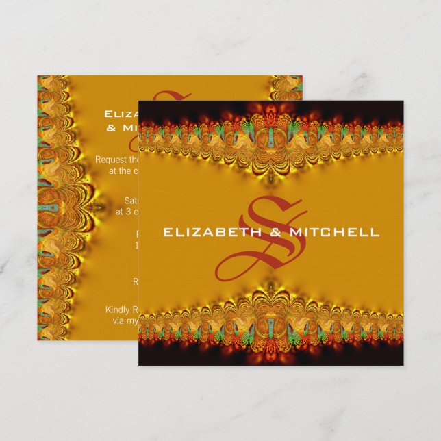 Rasta Tango Gold Lace Monogram Wedding Invitation (Front/Back)