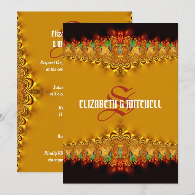 Rasta Tango Gold Lace Monogram Wedding Invitation (Front/Back)