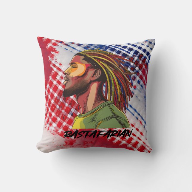Rastafarian with dreadlocks on grunge print cushion (Front)