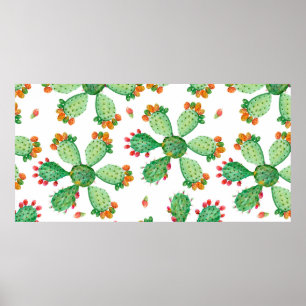 Raster watercolor seamless cactus set background. poster