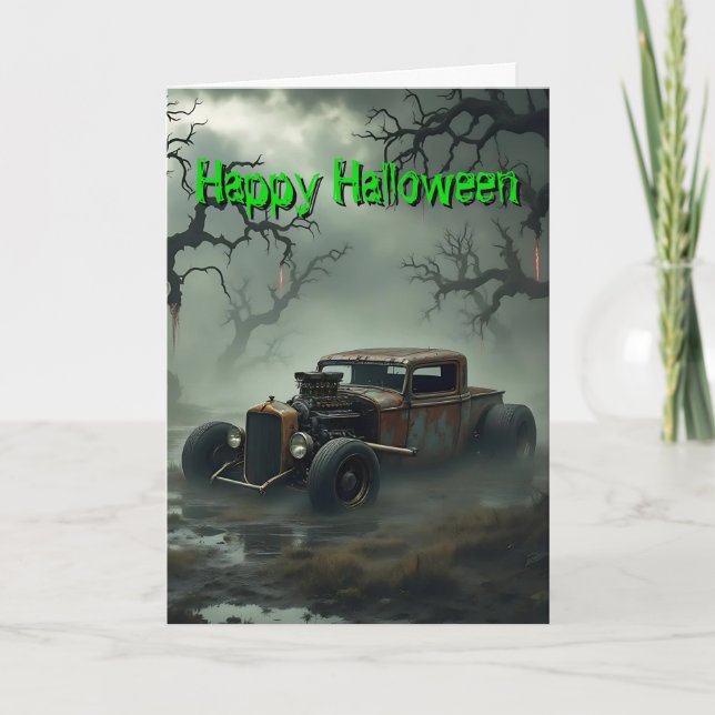Rat Rod In Misty Halloween Swamp At Night Card (Front)