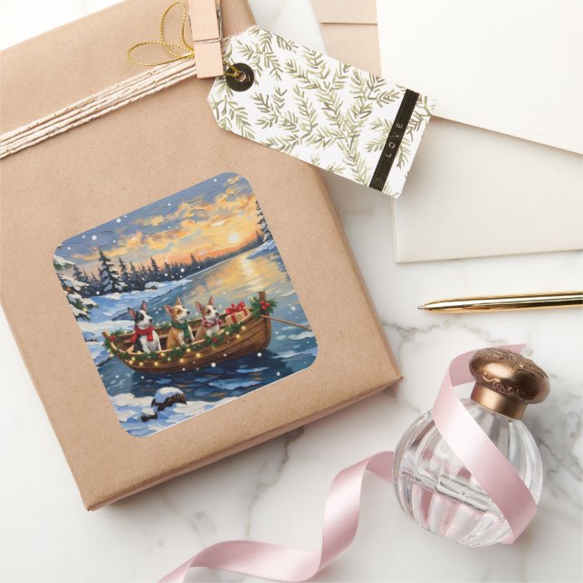 Rat Terrier Christmas Boat Holiday Square Sticker (Gifting)