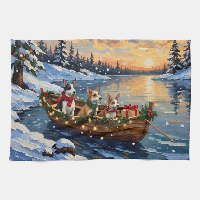Rat Terrier Christmas Boat Holiday Tea Towel (Horizontal)