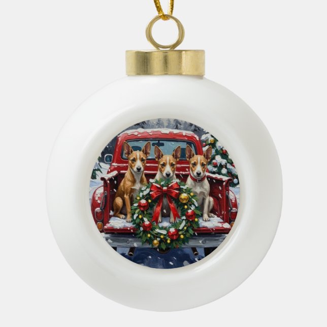 Rat Terrier Christmas Red Truck Holiday Ceramic Ball Christmas Ornament (Front)