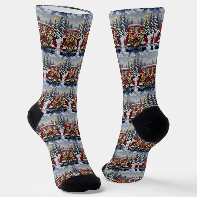 Rat Terrier Christmas Red Truck Holiday Socks (Angled)