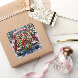 Rat Terrier Christmas Red Truck Holiday Square Sticker