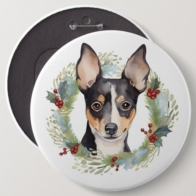 Rat Terrier Christmas Wreath Festive Pup 6 Cm Round Badge (Front & Back)