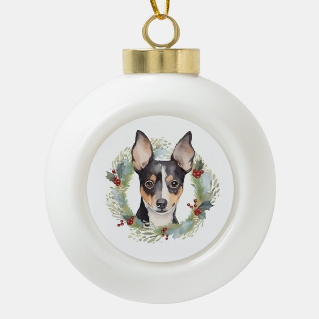 Rat Terrier Christmas Wreath Festive Pup Ceramic Ball Christmas Ornament (Front)