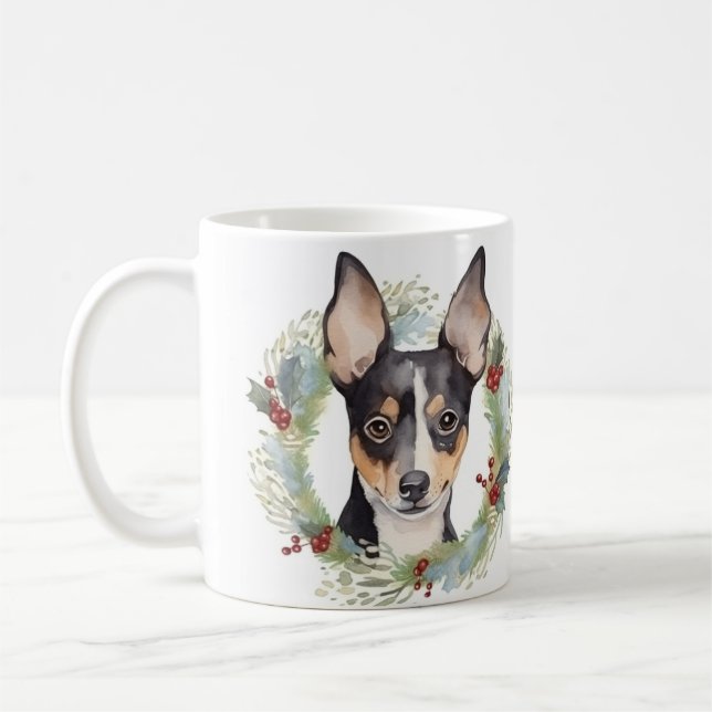 Rat Terrier Christmas Wreath Festive Pup Coffee Mug (Left)