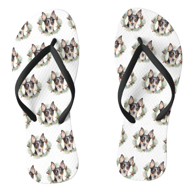 Rat Terrier Christmas Wreath Festive Pup Flip Flops (Footbed)