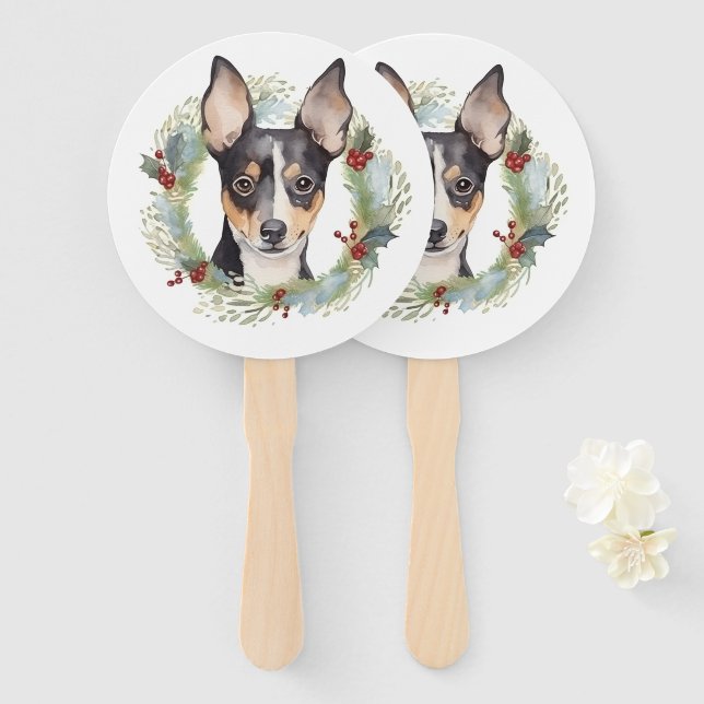 Rat Terrier Christmas Wreath Festive Pup Hand Fan (Front and Back)