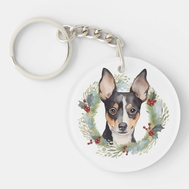 Rat Terrier Christmas Wreath Festive Pup Key Ring (Front)