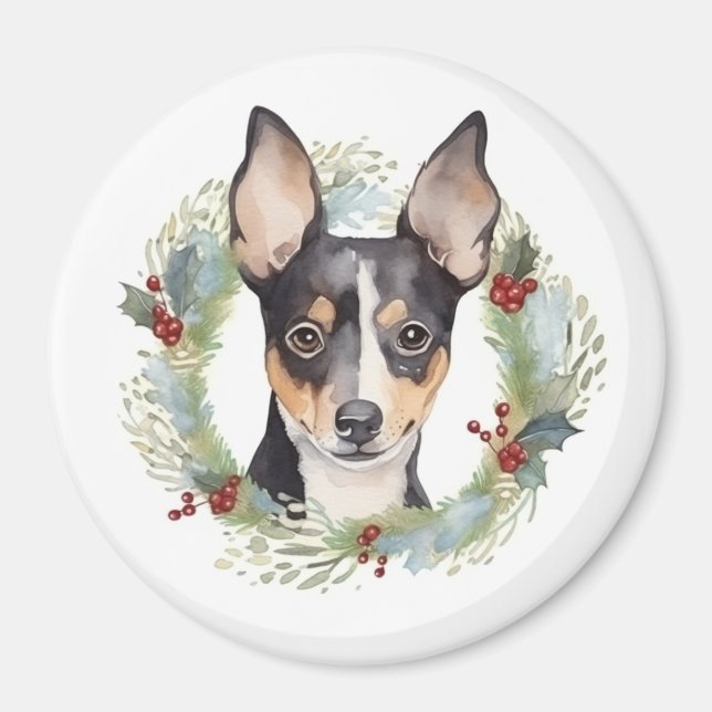 Rat Terrier Christmas Wreath Festive Pup Magnet (Front)