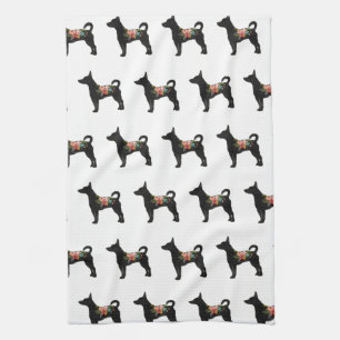Rat Terrier CN Dog Boho Floral Silhouette Tea Towel