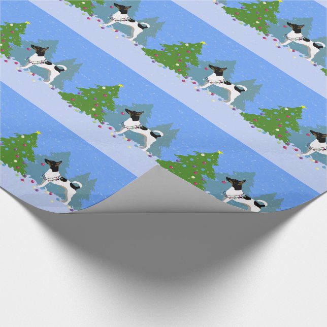 Rat Terrier Decorating a Christmas Tree in Forest Wrapping Paper (Corner)