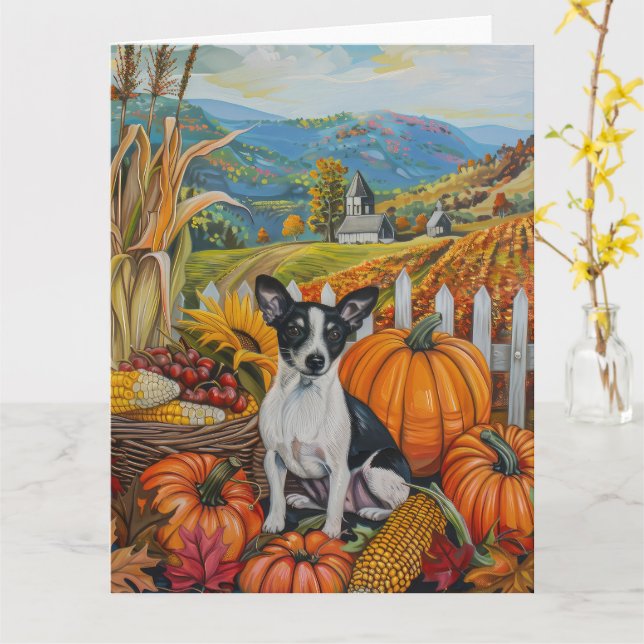 Rat Terrier Dog Autumn Harvest Thanksgiving Card (Yellow Flower)