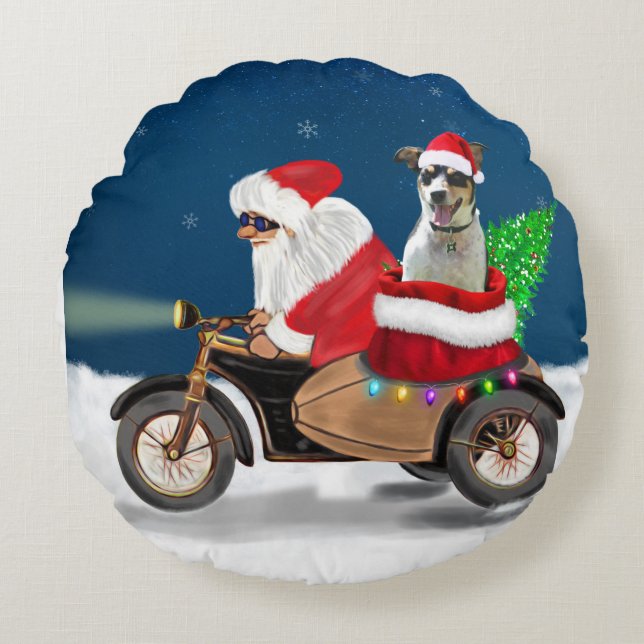 Rat Terrier Dog Christmas Santa Claus Round Cushion (Front)