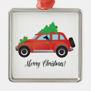 Rat Terrier Dog Driving a Christmas Car Metal Tree Decoration