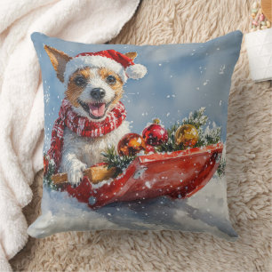 Rat Terrier Dog in Sledge Let it Snow Christmas  Cushion
