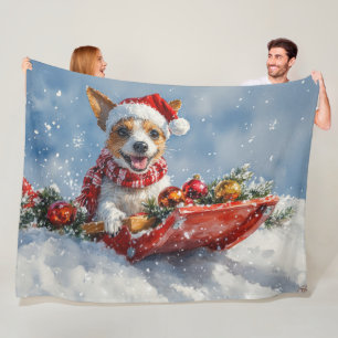 Rat Terrier Dog in Sledge Let it Snow Christmas  Fleece Blanket