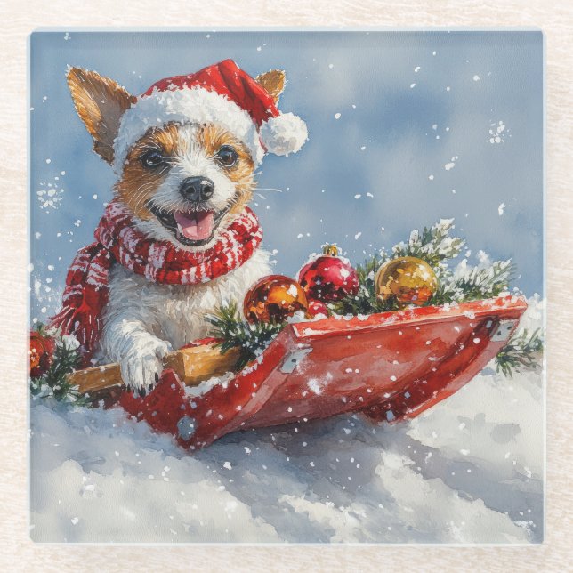 Rat Terrier Dog in Sledge Let it Snow Christmas  Glass Coaster (Front)