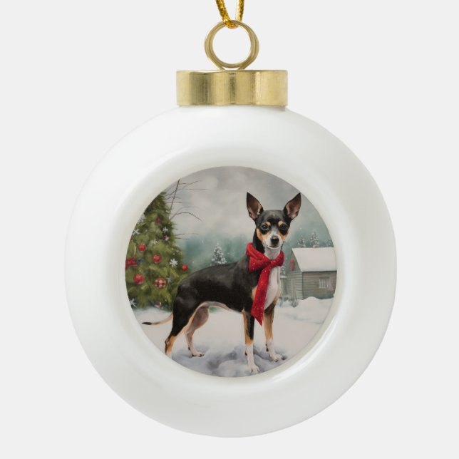 Rat Terrier Dog in Snow Christmas  Ceramic Ball Christmas Ornament (Front)