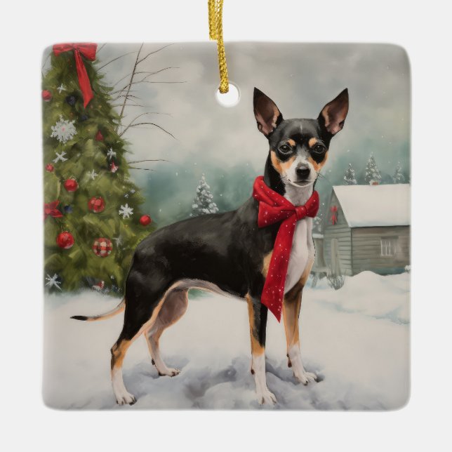 Rat Terrier Dog in Snow Christmas  Ceramic Ornament (Front)