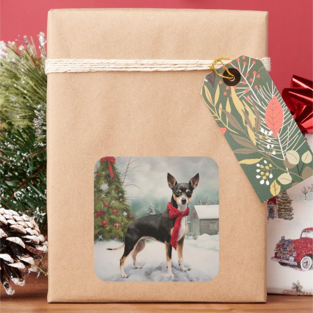 Rat Terrier Dog in Snow Christmas  Square Sticker (Holiday)