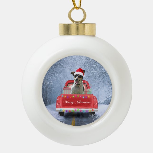 Rat Terrier Dog in Snow sitting in Christmas Truck Ceramic Ball Christmas Ornament (Front)