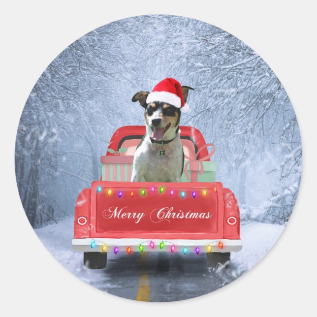 Rat Terrier Dog in Snow sitting in Christmas Truck Classic Round Sticker (Front)