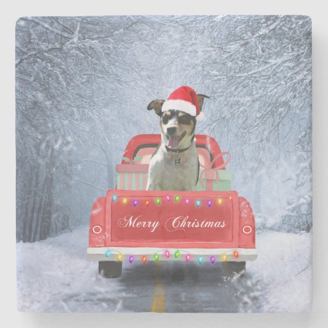 Rat Terrier Dog in Snow sitting in Christmas Truck Stone Coaster (Front)