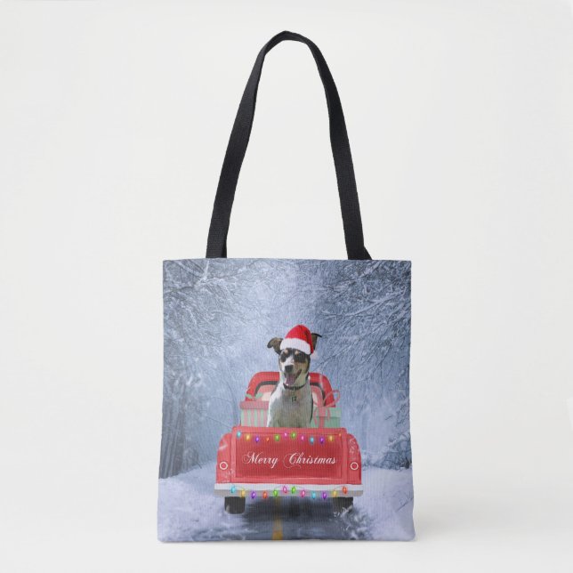 Rat Terrier Dog in Snow sitting in Christmas Truck Tote Bag (Front)