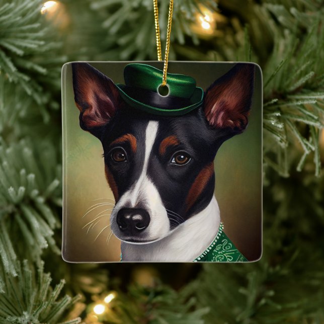 Rat Terrier Dog in St. Patrick's Day Dress Ceramic Ornament (Tree)
