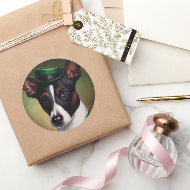 Rat Terrier Dog in St. Patrick's Day Dress Classic Round Sticker (Gifting)
