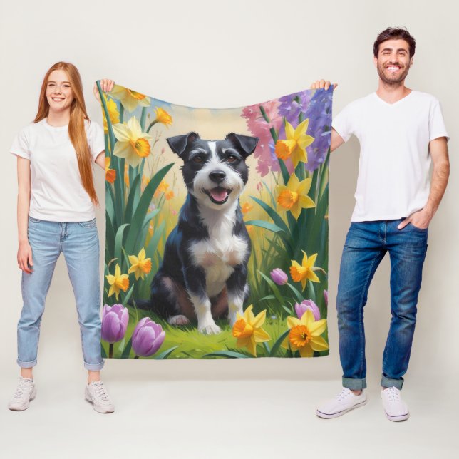 Rat Terrier Dog Spring Flowers Painting Fleece Blanket (In Situ)