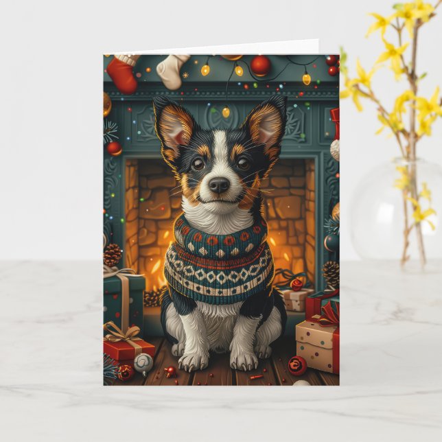 Rat Terrier Dog With Christmas Gifts Fireplace Card (Yellow Flower)