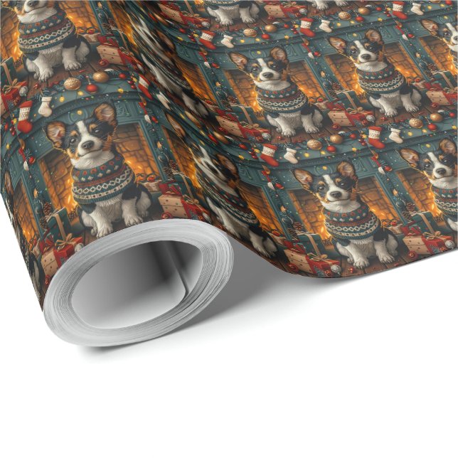 Rat Terrier Dog With Christmas Gifts Fireplace Wrapping Paper (Roll Corner)
